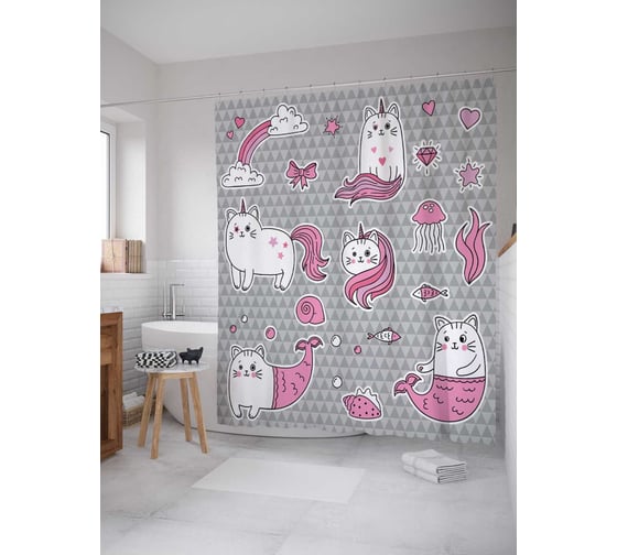 Изображение товара Штора (занавеска) для ванной JoyArty "Волшебные коты" из сатена, 180х200 см с крючками, sc_41258
