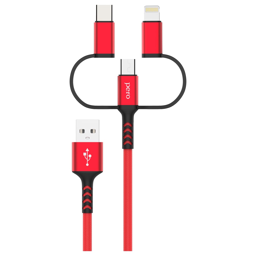 Изображение товара Дата-кабель PERO DC-06 Universal 3 in 1 (Lightning/micro USB/Type-C), 3А, 1м, красный PRDC-06U1MR