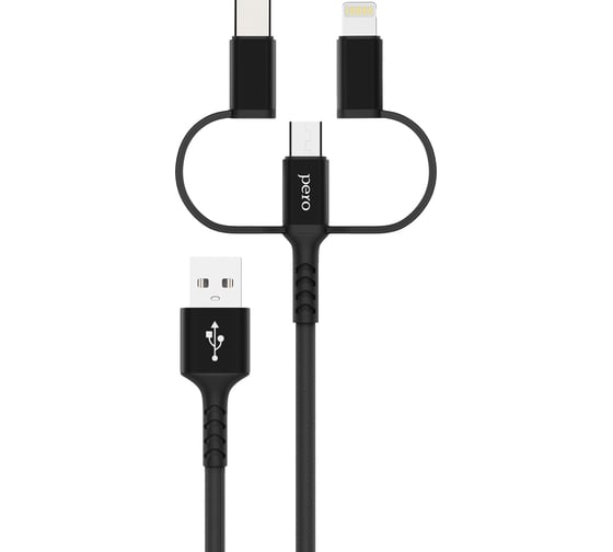 Изображение товара Дата-кабель PERO DC-06 Universal 3 in 1 (Lightning/micro USB/Type-C), 2А, 2м, черный PRDC-06U2MB