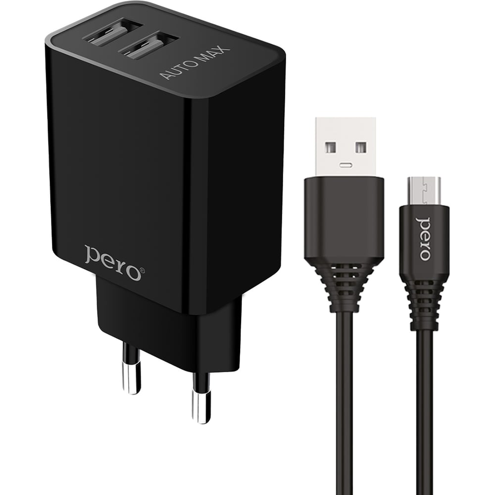 Изображение товара Сетевое зарядное устройство PERO TC02 2USB 2.1A с кабелем Micro USB черный