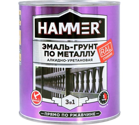 Изображение товара Эмаль-грунт по металлу HAMMER 3в1 АУ п/гл RAL 6005 зеленый мох 2,7 кг ЭК000133635