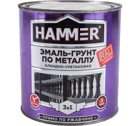 Изображение товара Эмаль-грунт по металлу HAMMER 3в1 АУ п/гл RAL 7004 сигнал. серый 2,7 кг ЭК000133630