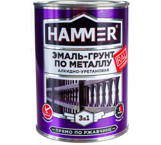 Изображение товара Эмаль-грунт по металлу HAMMER 3в1 АУ п/гл RAL 3005 винно-красный 0,9 кг ЭК000133627