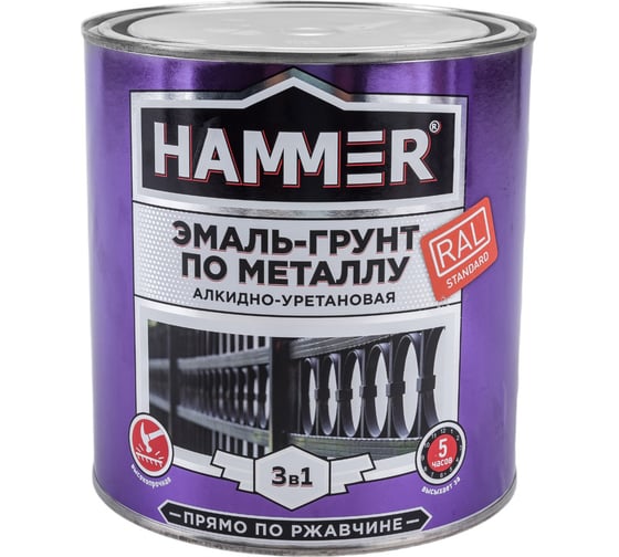 Изображение товара Эмаль-грунт по металлу HAMMER 3в1 АУ п/гл RAL 9004 сигнал. черный 2,7 кг ЭК000133634