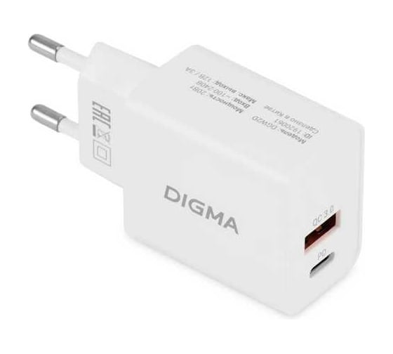 Изображение товара Сетевое зарядное устройство DIGMA DGW2D 20W 3A+1A (PD+QC) USB-C/USB-A универсальное белый (DGW2D0F110WH) 1920061