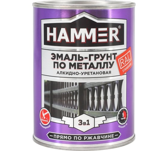 Изображение товара Эмаль-грунт по металлу HAMMER 3в1 АУ п/гл RAL 6005 зеленый мох 0,9 кг ЭК000133626