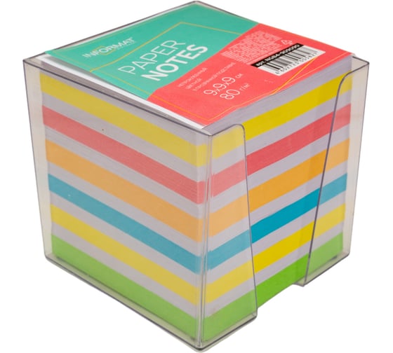 Изображение товара Подставка для блок-кубиков INFORMAT с цветным бумажным блоком, 9х9х9 см, прозрачная, пластик NGB4-909090