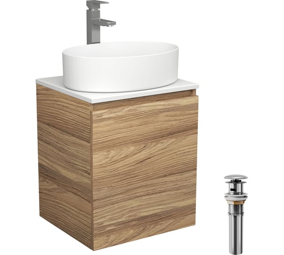 Изображение товара Тумба Bauedge Bau Dream Blackwood 50 с дверцей, раковина BAU Nimb 50x36, смеситель для раковины высокий Hotel Still, нержавеющая сталь, выпуск клик клак хром SD3043