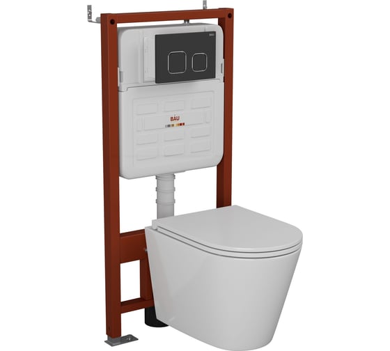 Изображение товара Комплект 6 в 1 Bauedge BAU усиленная инсталляция BAU IDEAL, унитаз подвесной безободковый вихревой Bau Nimb Hurricane3, сиденье дюропласт микролифт, клавиша E458103-BK0001-HQ3-E00103