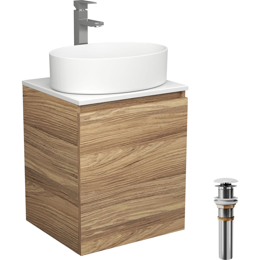 Тумба Bauedge Bau Dream Blackwood 50 с дверцей, раковина BAU Nimb 50x36, смеситель для раковины высокий Hotel Still, нержавеющая сталь, выпуск клик клак белый SD3044