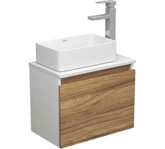 Изображение товара Комплект для ванной Bauedge 3 предмета (тумба Bau Dream Blackwood 50 + раковина BAU Hotel mini 37x23, белая, смеситель высокий Hotel Still) BD1610