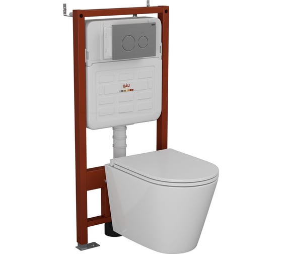 Изображение товара Комплект 6 в 1 Bauedge BAU усиленная инсталляция BAU IDEAL, унитаз подвесной безободковый вихревой Bau Nimb Hurricane3, сиденье дюропласт микролифт, клавиша E458103-BK0001-HQ3-E00118