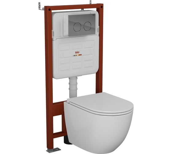 Изображение товара Комплект 6 в 1 Bauedge BAU усиленная инсталляция BAU IDEAL, унитаз подвесной безободковый торнадо обратного потока Bau Dream 52х36 Hurricane-2, сиденье дюропласт E458103-BL0001-HQ2-E00113