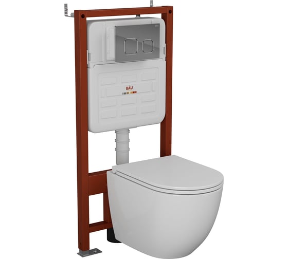 Изображение товара Комплект 6 в 1 Bauedge BAU усиленная инсталляция BAU IDEAL, унитаз подвесной безободковый торнадо обратного потока Bau Dream 52х36 Hurricane-2, сиденье дюропласт E458103-BL0001-HQ2-E00101