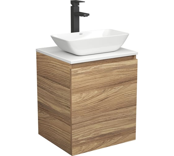 Изображение товара Тумба Bauedge Bau Dream Blackwood 50 с дверцей, раковина BAU Spectrum mini 47x24, черный смеситель для раковины высокий Hotel Black SD3023