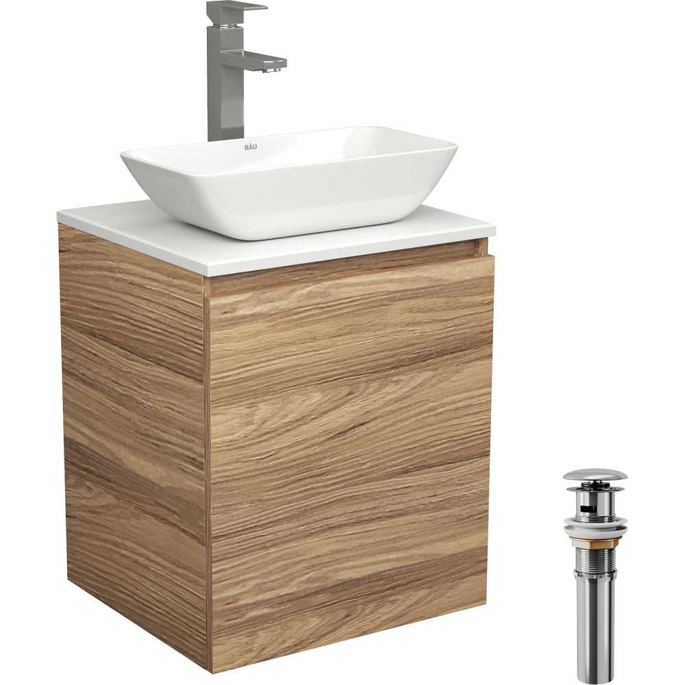 Тумба Bauedge Bau Dream Blackwood 50 с дверцей, раковина BAU Spectrum mini 47x24, смеситель для раковины высокий Hotel Still, нержавеющая сталь, выпуск клик клак SD3025