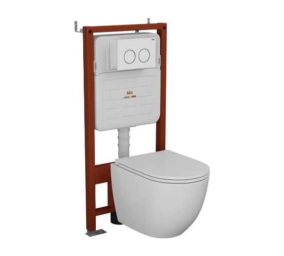 Изображение товара Комплект 6 в 1 Bauedge BAU усиленная инсталляция BAU IDEAL, унитаз подвесной безободковый торнадо обратного потока Bau Dream 52х36 Hurricane-2, сиденье дюропласт E458103-BL0001-HQ2-E00116