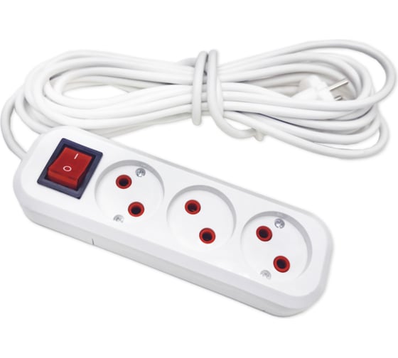 Изображение товара Удлинитель бытовой SLP electrics без заземления с выключателем, 3 гнезда, 5 метров, IP20, 10А, 2200 Вт, ПВС 2х1,0, от +1С до +35С 3202-00060