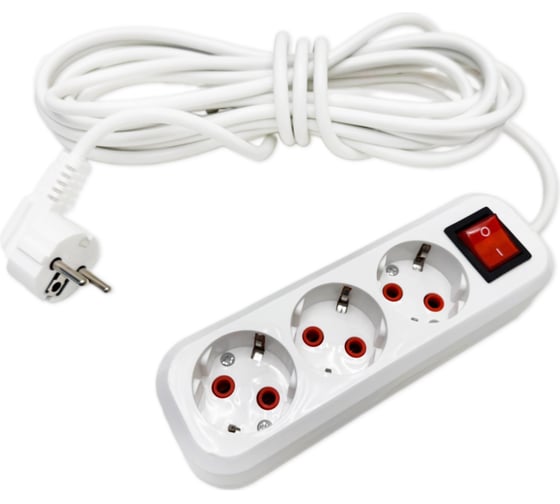 Изображение товара Удлинитель бытовой SLP electrics с заземлением с выключателем, 3 гнезда, 5 метров, IP20, 10А, 2200 Вт, ПВС 3х1,0, от +1С до +35С 3203-00060
