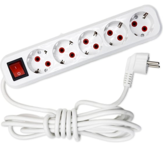 Изображение товара Удлинитель бытовой SLP electrics с заземлением с выключателем, 5 гнезд, 5 метров, IP20, 10А, 2200 Вт, ПВС 3х1,0, от +1С до +35С 3203-00070