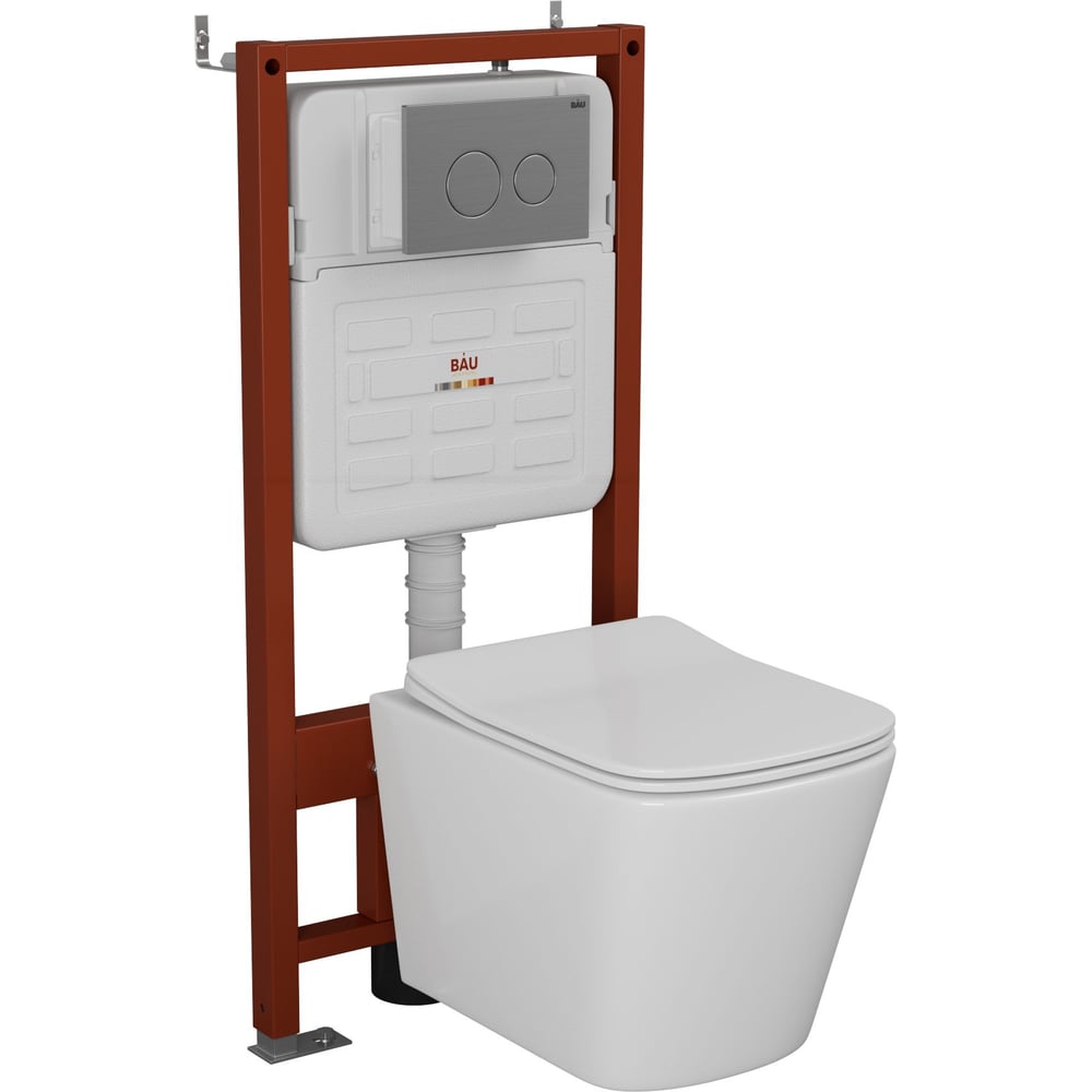Изображение товара Комплект Bauedge BAU 6 в 1: усиленная инсталляция BAU IDEAL, унитаз подвесной безободковый Bau Stil 51х35, сиденье дюропласт микролифт, клавиша BAU Wheel антивандальная, нерж. сталь брашированная E458103-BS0002-E00118
