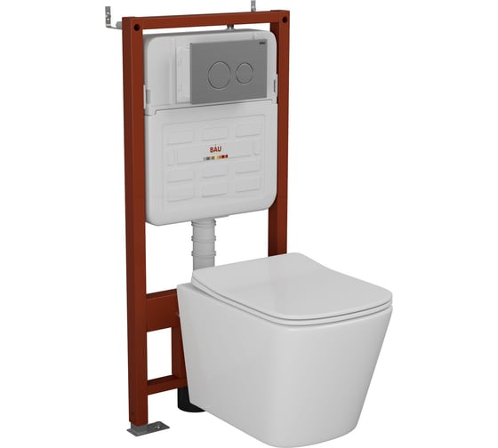 Изображение товара Комплект Bauedge BAU 6 в 1: усиленная инсталляция BAU IDEAL, унитаз подвесной безободковый Bau Stil 51х35, сиденье дюропласт микролифт, клавиша BAU Wheel антивандальная, нерж. сталь брашированная E458103-BS0002-E00118
