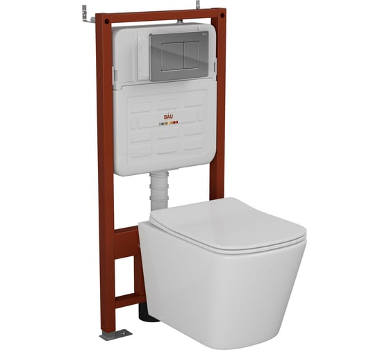 Изображение товара Комплект Bauedge BAU 6 в 1: усиленная инсталляция BAU IDEAL, унитаз подвесной безободковый Bau Stil 51х35, сиденье дюропласт микролифт, клавиша BAU Light антивандальная, нерж. сталь хром E458103-BS0002-E00105