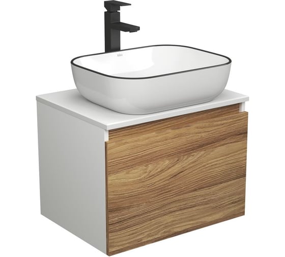 Изображение товара Комплект для ванной Bauedge 3 предмета (тумба Bau Dream Blackwood 60 + раковина BAU Stil Black Rand 50x40, белая, смеситель высокий Hotel Black) BD1651