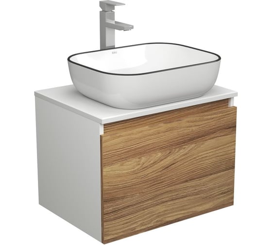 Изображение товара Комплект для ванной Bauedge 3 предмета (тумба Bau Dream Blackwood 60 + раковина BAU Stil Black Rand 50х40, белая, смеситель высокий Hotel Still) BD1650