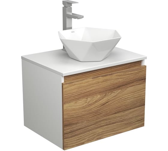 Изображение товара Комплект для ванной Bauedge 3 предмета (тумба Bau Dream Blackwood 60 + раковина на столешницу BAU Crystal 40х40, белая, смеситель высокий Hotel Still) BD1710