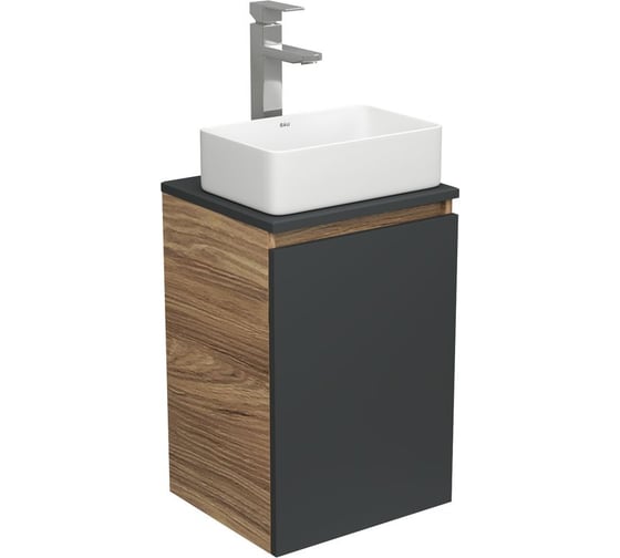 Изображение товара Комплект для ванной Bauedge 3 предмета (тумба Bau Dream 40, графит + раковина санфаянс накладная BAU Hotel mini 37x23, смеситель высокий Hotel Still) BD1927