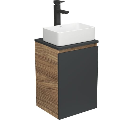 Изображение товара Комплект для ванной Bauedge 3 предмета (тумба Bau Dream 40, графит + раковина санфаянс накладная BAU Hotel mini 37x23, смеситель высокий Hotel Black) BD1928