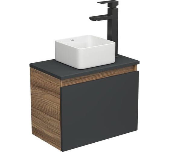 Изображение товара Комплект для ванной Bauedge 3 предмета (тумба Bau Dream 50, графит + раковина накладная BAU Hotel mini 24x24, смеситель высокий Hotel Black) BD1938