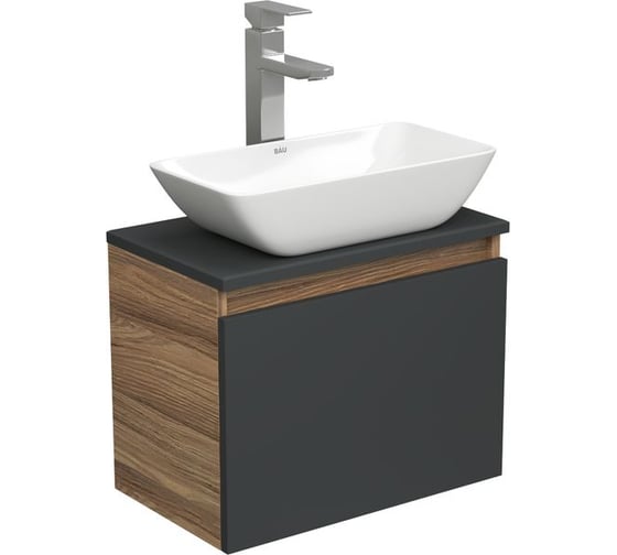 Изображение товара Комплект для ванной Bauedge 3 предмета (тумба Bau Dream 50, графит + раковина чаша накладная BAU Spectrum mini 47x24, смеситель высокий Hotel Still) BD1957