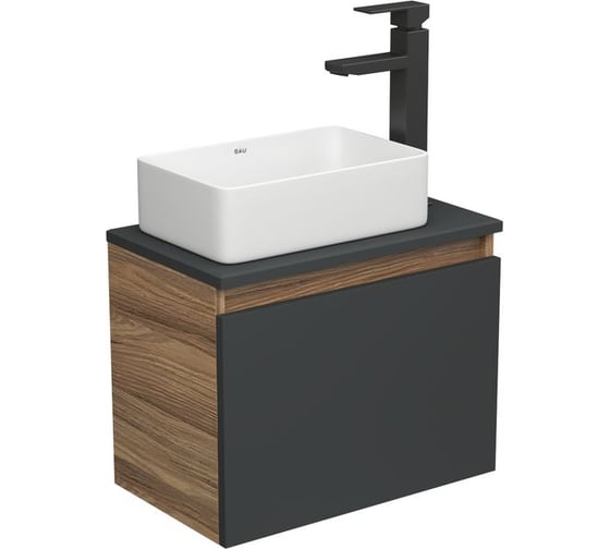 Изображение товара Комплект для ванной Bauedge 3 предмета (тумба Bau Dream 50, графит + раковина санфаянс накладная BAU Hotel mini 37x23, смеситель высокий Hotel Black) BD1968