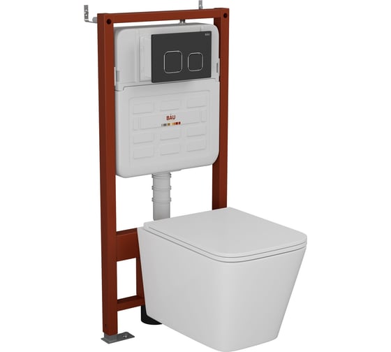 Изображение товара Комплект 6 в 1 Bauedge BAU усиленная инсталляция BAU IDEAL, унитаз подвесной безободковый торнадо обратного потока Bau Stil 52х36 Hurricane-2, сиденье дюропласт E458103-BS0001-HQ2-E00103