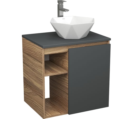 Изображение товара Тумба Bauedge Bau Dream Blackwood 60 правая, графит, раковина BAU Crystal 40х40, смеситель для раковины высокий Hotel Still, нержавеющая сталь SD4284