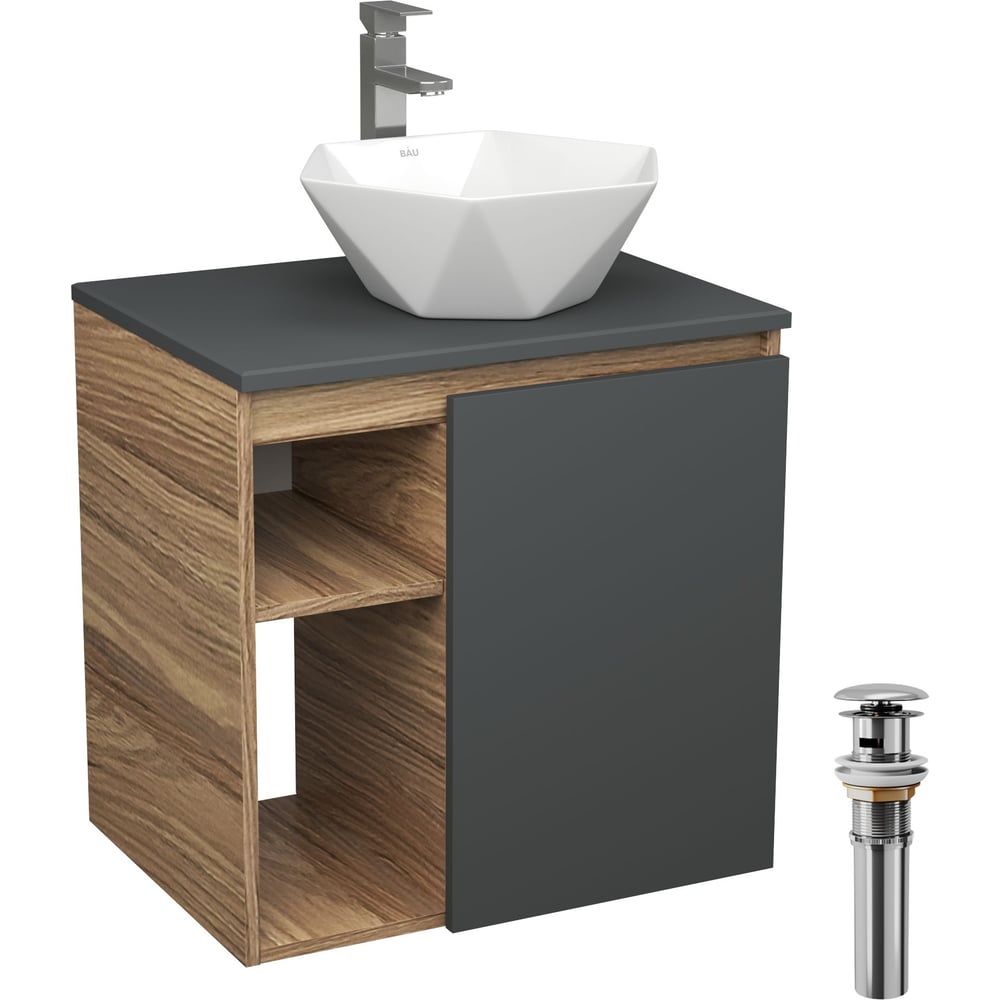 Тумба Bauedge Bau Dream Blackwood 60 правая, графит, раковина BAU Crystal 40х40, смеситель для раковины высокий Hotel Still, нержавеющая сталь, выпуск клик клак SD4285