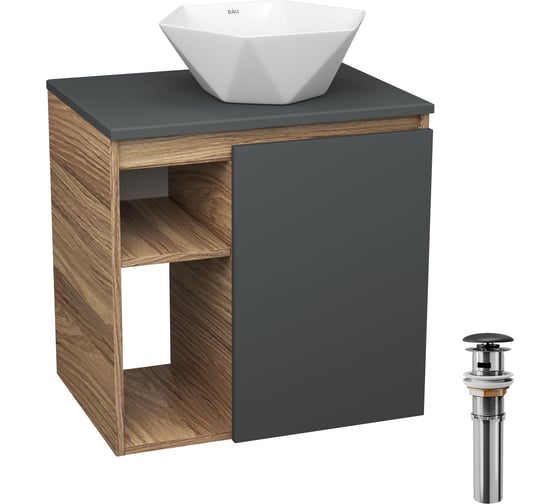 Изображение товара Тумба Bauedge Bau Dream Blackwood 60 правая, графит, раковина BAU Crystal 40х40, выпуск клик клак черный SD4282