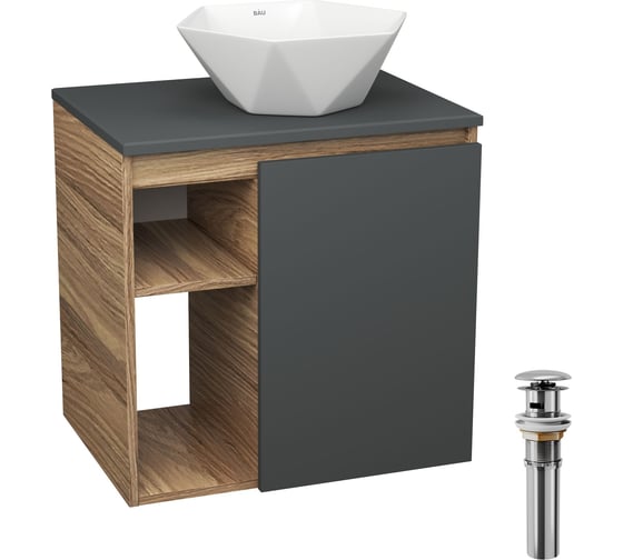 Изображение товара Тумба Bauedge Bau Dream Blackwood 60 правая, графит, раковина BAU Crystal 40х40, выпуск клик клак хром SD4280