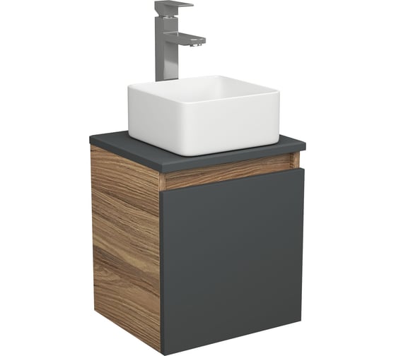 Изображение товара Тумба Bauedge Bau Dream Blackwood 35 с ящиком, графит, раковина BAU Mini 24х24, смеситель для раковины высокий Hotel Still, нержавеющая сталь SD4006