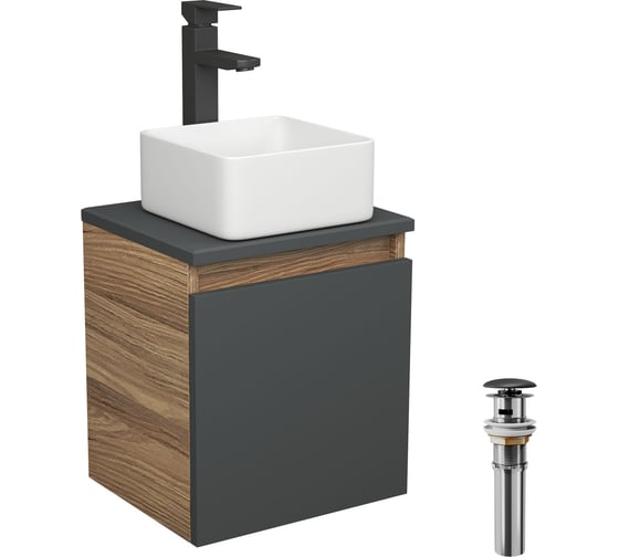 Изображение товара Тумба Bauedge Bau Dream Blackwood 35 с ящиком, графит, раковина BAU Mini 24х24, смеситель для раковины высокий Hotel Black, черный, выпуск клик-клак, черный SD4009