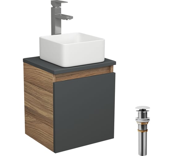 Изображение товара Тумба Bauedge Bau Dream Blackwood 35 с ящиком, графит, раковина BAU Mini 24х24, смеситель для раковины высокий Hotel Still, нержавеющая сталь, выпуск клик-клак, белый SD4008