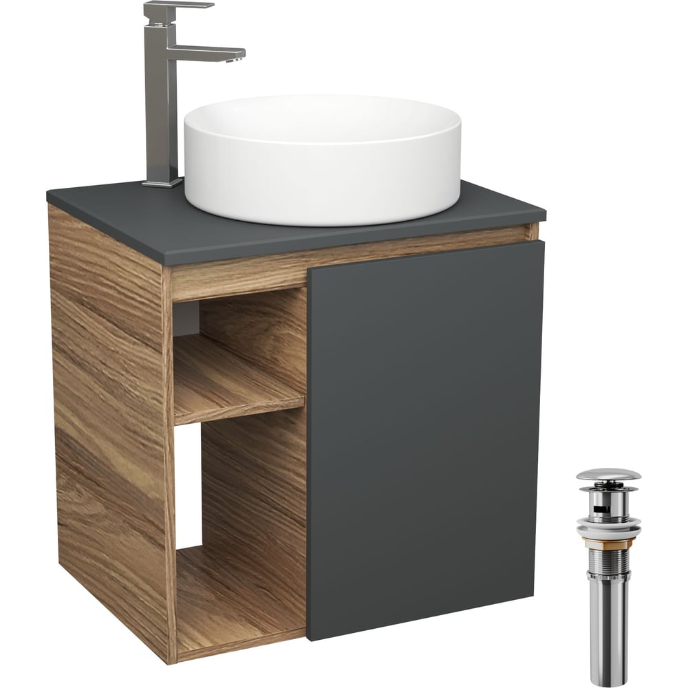 Изображение товара Тумба Bauedge Bau Dream Blackwood 60 правая, графит, раковина BAU Dream круглая D41, смеситель для раковины высокий Hotel Still, нержавеющая сталь, выпуск клик клак SD4240