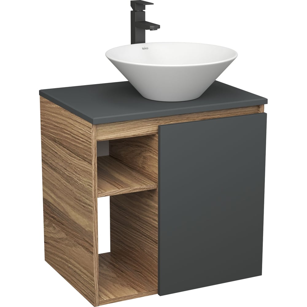 Изображение товара Тумба Bauedge Bau Dream Blackwood 60 правая, графит, раковина BAU Dream D43, смеситель для раковины высокий Hotel Black черный SD4256