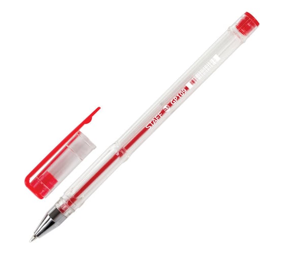 Изображение товара Ручка 50 шт в упаковке Staff гелевая Basic КРАСНАЯ корпус прозрачный хром. детали узел 0,5 мм линия 0,35 мм 142790
