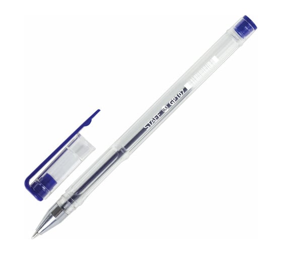 Изображение товара Ручка 50 шт в упаковке Staff гелевая Basic СИНЯЯ корпус прозрачный хром. детали узел 0,5 мм линия 0,35 мм 142788