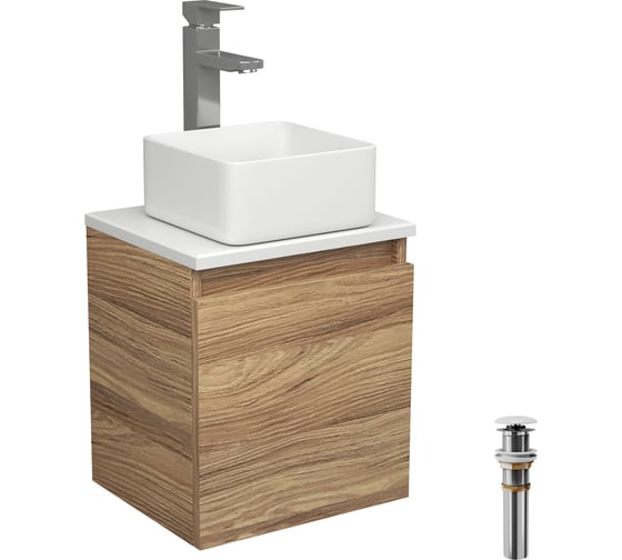 Изображение товара Тумба Bauedge Bau Dream Blackwood 35, раковина BAU Mini 24х24, смеситель для раковины высокий Hotel Still, нержавеющая сталь, выпуск клик-клак, белый SD3008