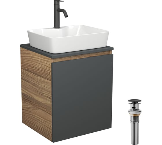 Изображение товара Тумба Bauedge Bau Dream Blackwood 50 графит, раковина BAU Cerama 48х37 белая, смеситель Hotel Dream Black, нерж. сталь, черный, выпуск клик-клак черный SD4178