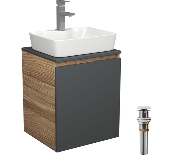 Изображение товара Тумба Bauedge Bau Dream Blackwood 50 графит, раковина BAU Cerama 48х37 белая, смеситель Hotel Still, нерж. сталь, выпуск клик-клак, белый SD4174